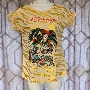 Vintage Ed Hardy Tan Gold Tiger Stripes Rhinestones Skull Eagle Snake T Shirt S